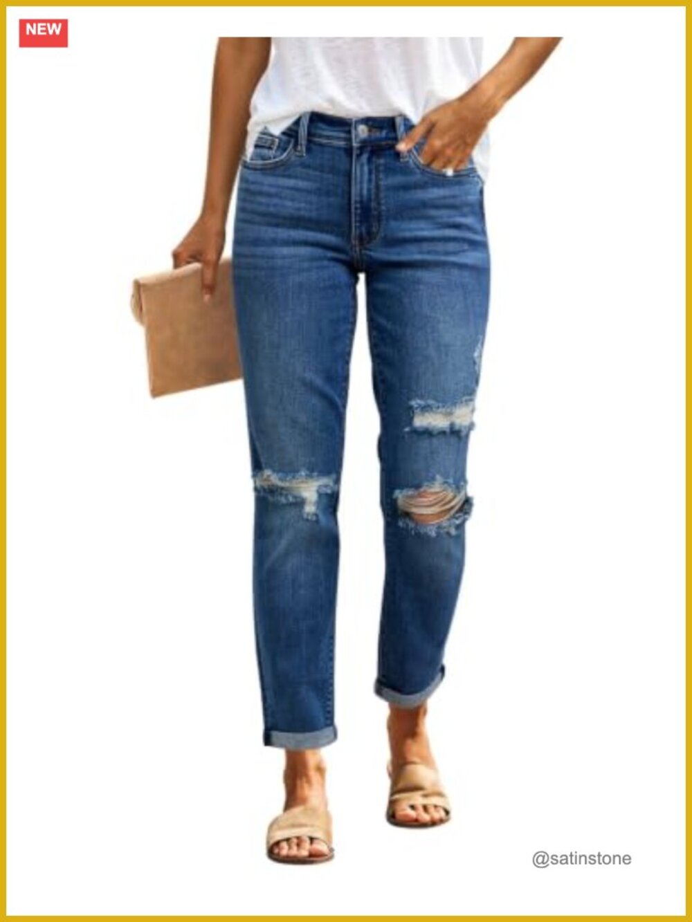 Women's Boyfriend Ripped Distressed Stretchy Mid Rise Jeans Calf Length